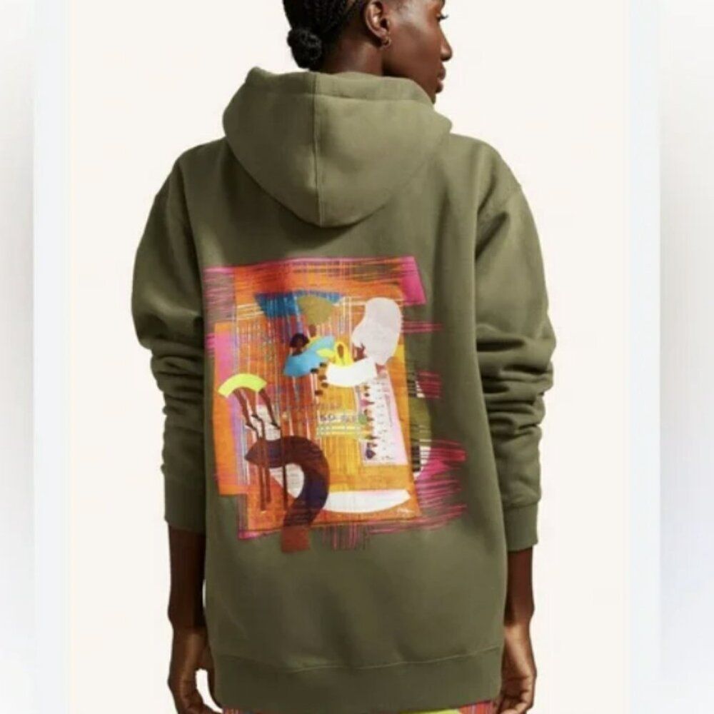 Peloton Olive Green Graphic Hoodie with Multicolor Back Art